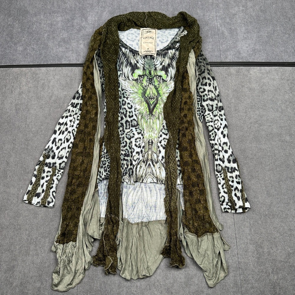 Vintage Concept Leopard Eagle Graphic Ruffle Hem Mixed Media Top Medium Olive